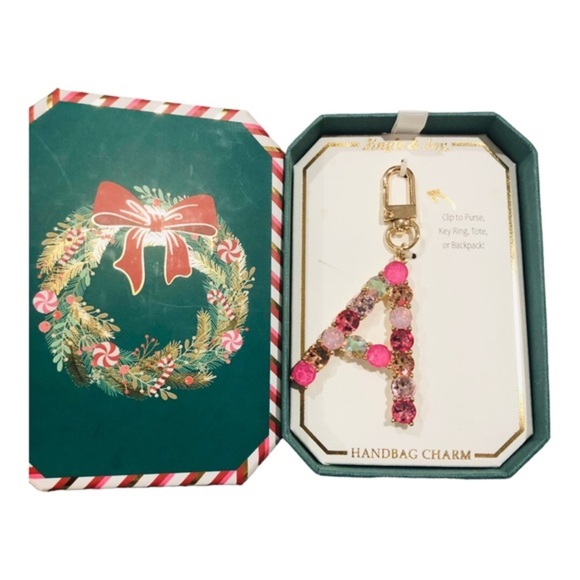 Beautiful gold plated Pink bejeweled gemstone A monogram bag purse key chain new - Picture 3 of 13